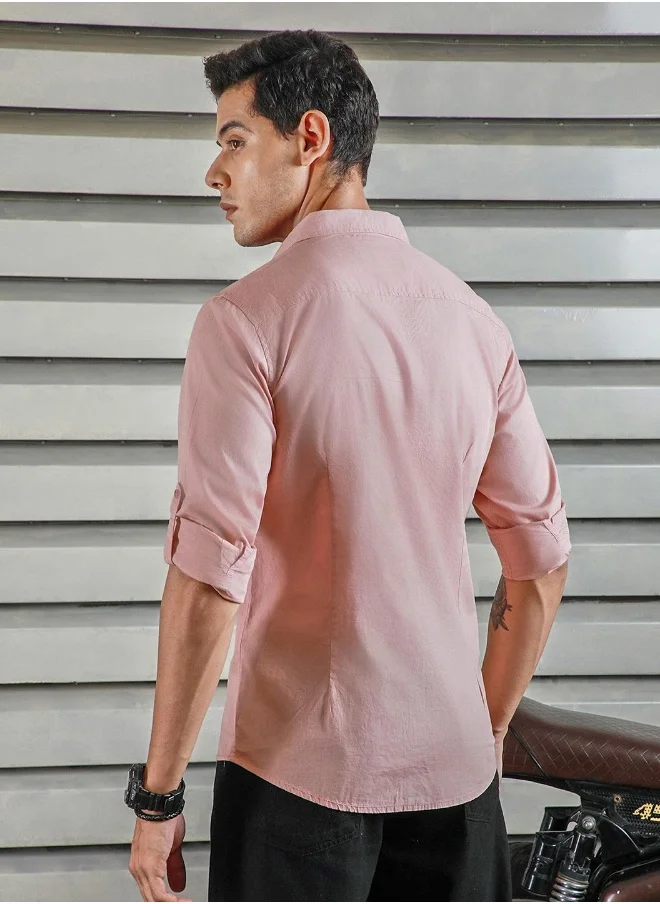 هاي ستار Men's Dusty Pink 100% Cotton Solid Button Down Regular Fit Shirt