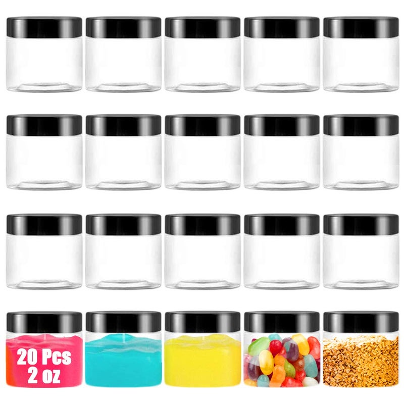 OJYUDD 20 Pack 2 oz Clear Plastic Round Slime Containers,Empty Plastic Storage Jars with Black Lids,Refillable Storage Container for Slime,Cosmetic,Cream,Paint,Jewelry - Image 1