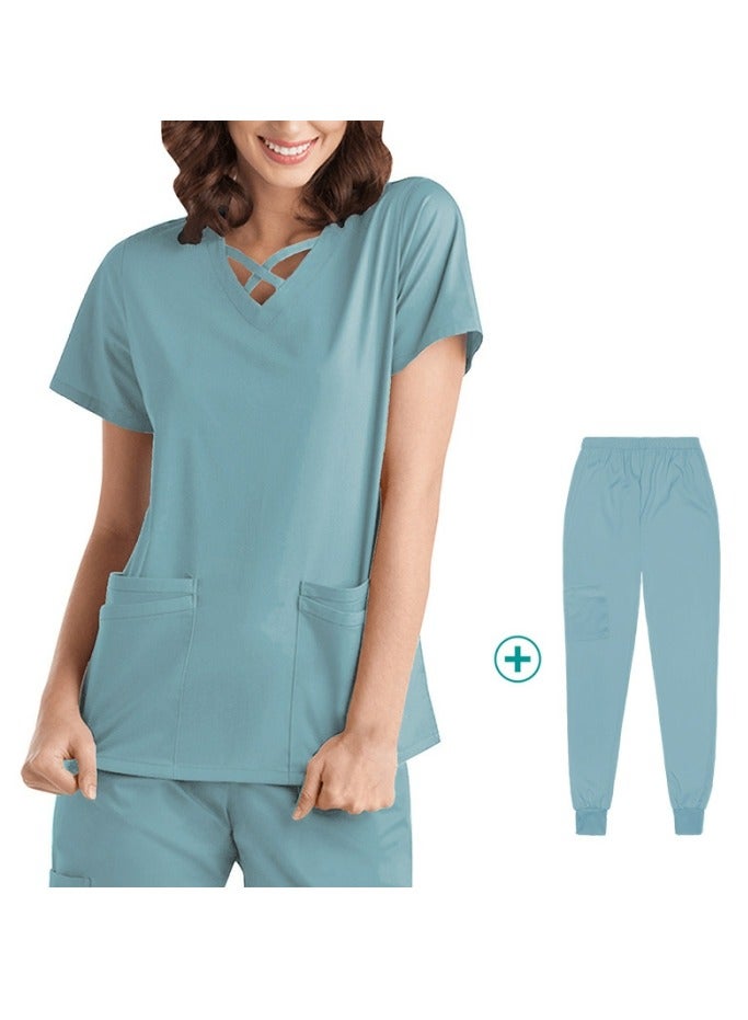 Loquat Womens Medical Uniform Scrubs 2 Piece Set V-Neck Top and Jogger Pants Suit Light Blue - Image 1