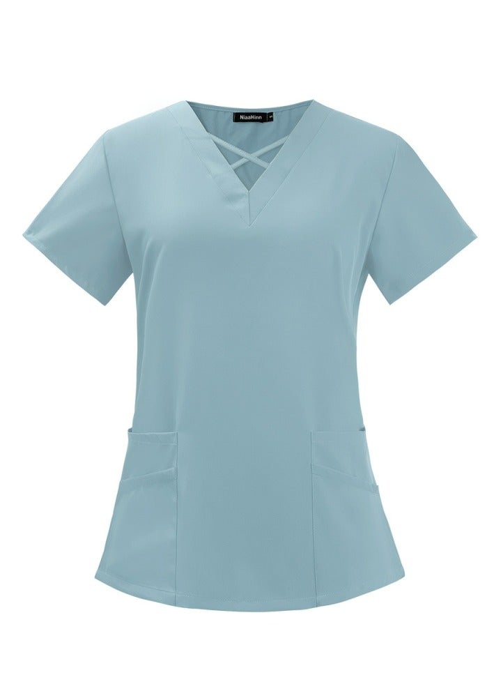 Loquat Womens Medical Uniform Scrubs 2 Piece Set V-Neck Top and Jogger Pants Suit Light Blue - Image 2
