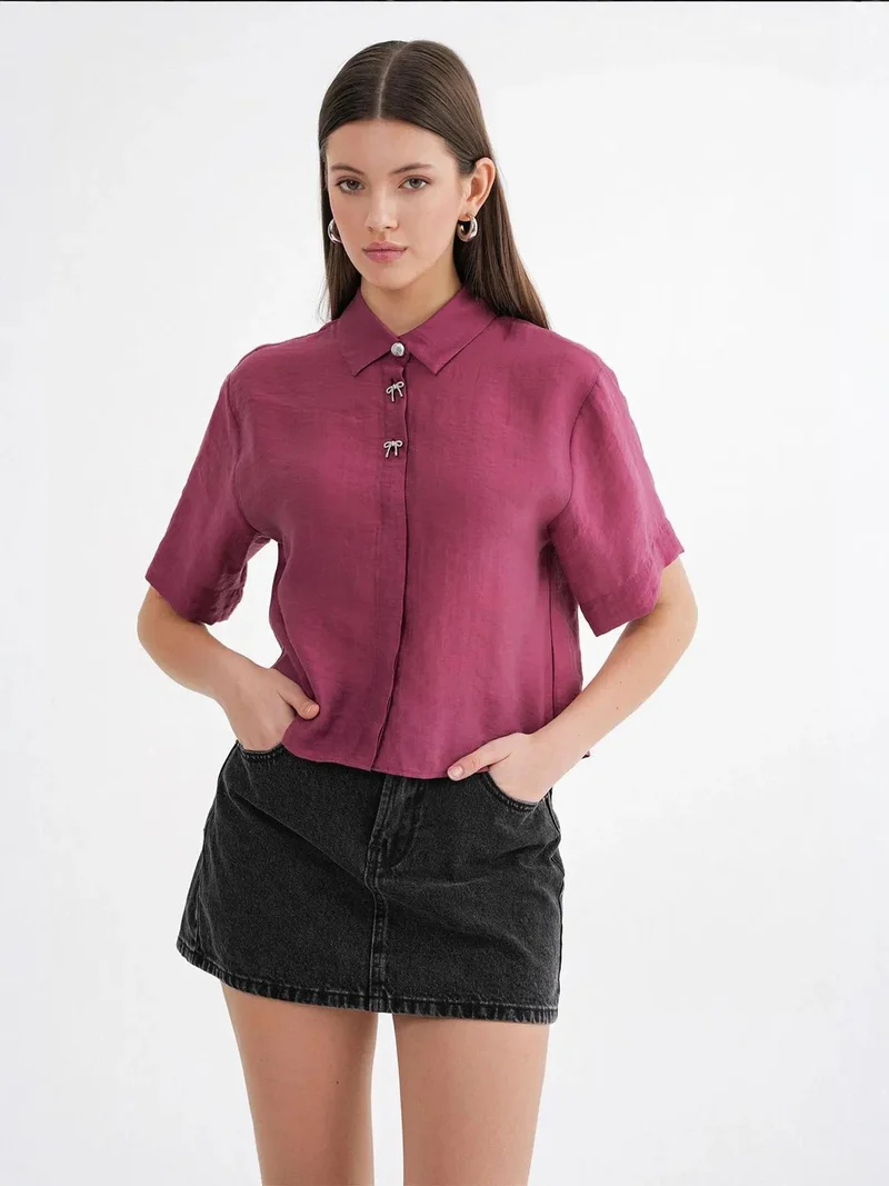 MixRay Mixray Short Sleeve Crop Shirt with Stone Accessories
