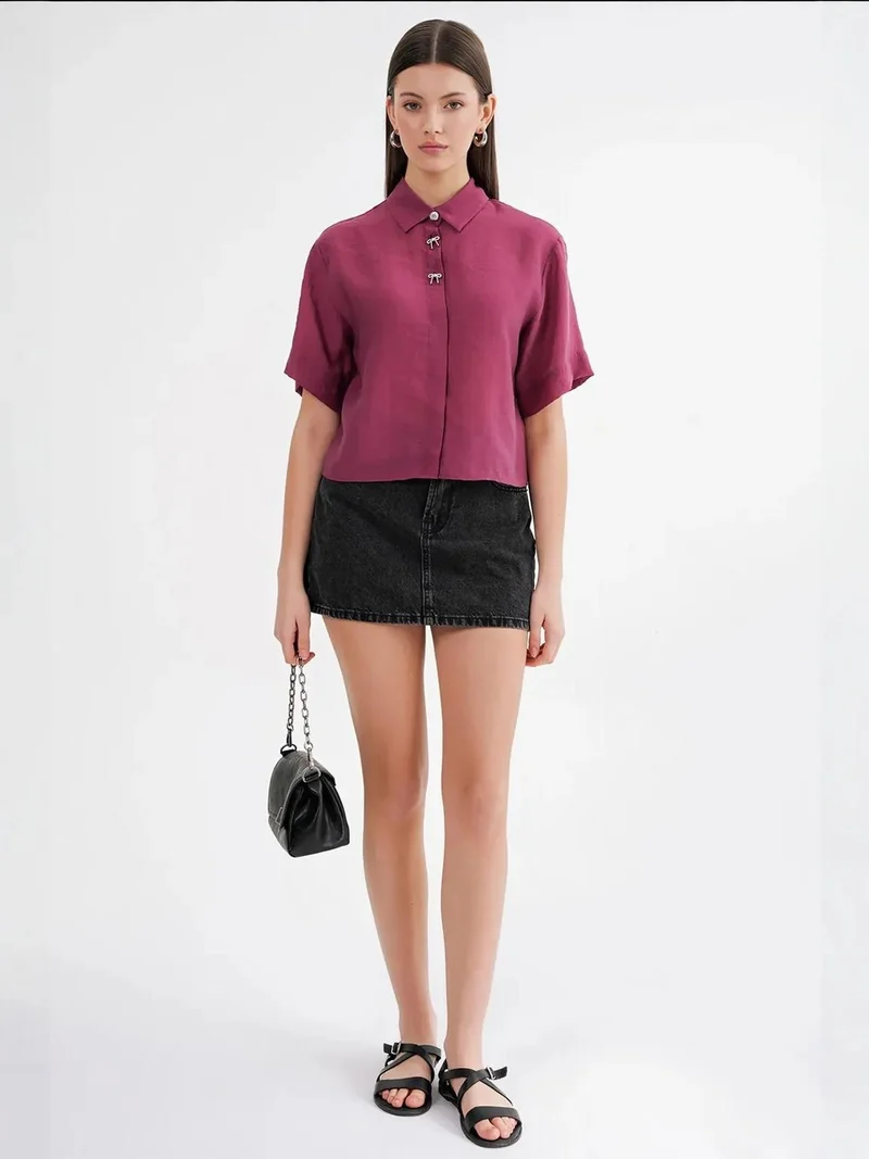MixRay Midnight Blue Mixray Short Sleeve Crop Shirt with Stone Accessories for Women | Best Price UAE