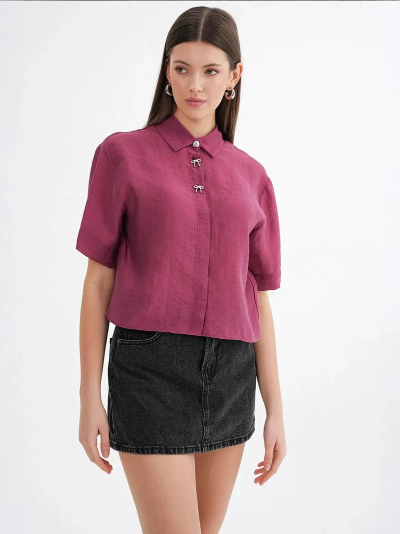 MixRay Midnight Blue Mixray Short Sleeve Crop Shirt with Stone Accessories for Women | Best Price UAE