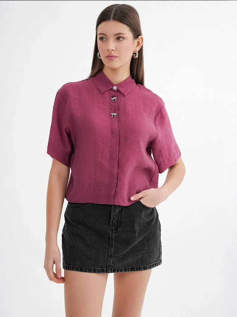 MixRay Midnight Blue Mixray Short Sleeve Crop Shirt with Stone Accessories for Women | Best Price UAE