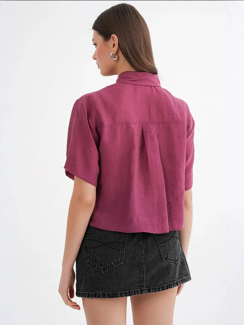 MixRay Midnight Blue Mixray Short Sleeve Crop Shirt with Stone Accessories for Women | Best Price UAE