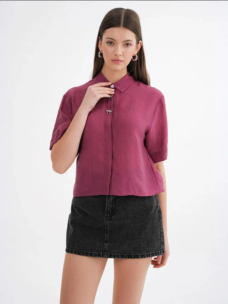 MixRay Midnight Blue Mixray Short Sleeve Crop Shirt with Stone Accessories for Women | Best Price UAE