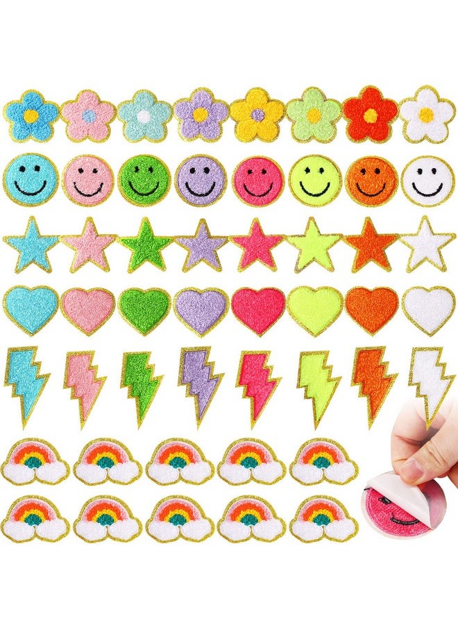Yilloog - 50 Pcs Self Adhesive Chenille Patches Paw Print Patches Smile Face Heart Patches Preppy Patches Chenille Rainbow Sew On Patches For Jackets Jeans(Colorful Style) - Image 1