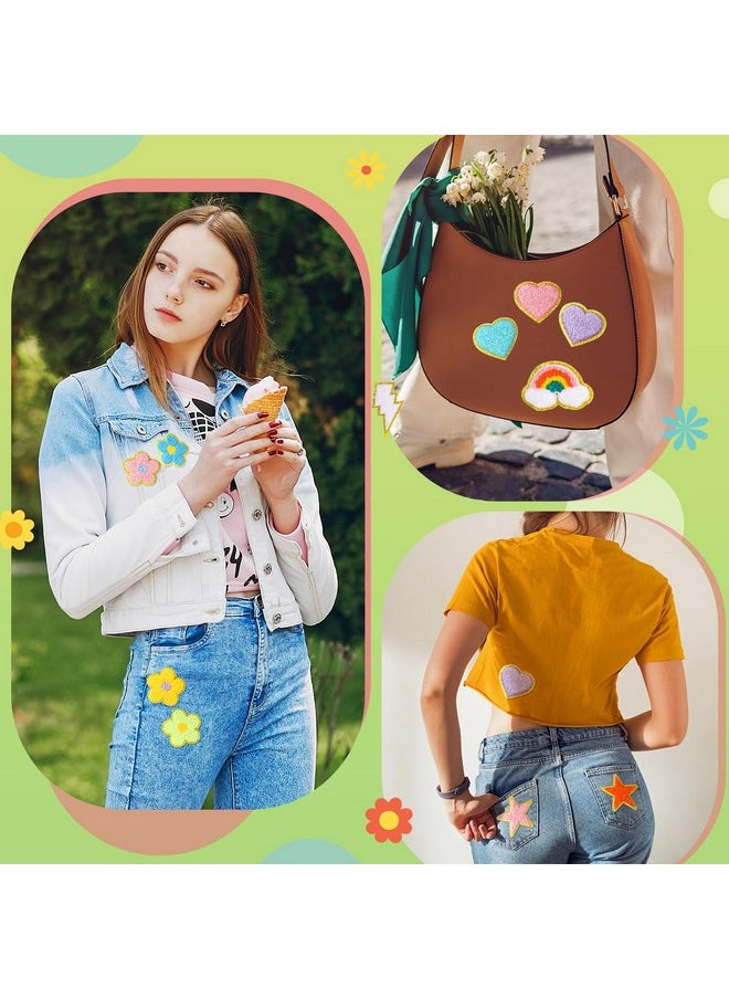 Yilloog - 50 Pcs Self Adhesive Chenille Patches Paw Print Patches Smile Face Heart Patches Preppy Patches Chenille Rainbow Sew On Patches For Jackets Jeans(Colorful Style) - Image 1