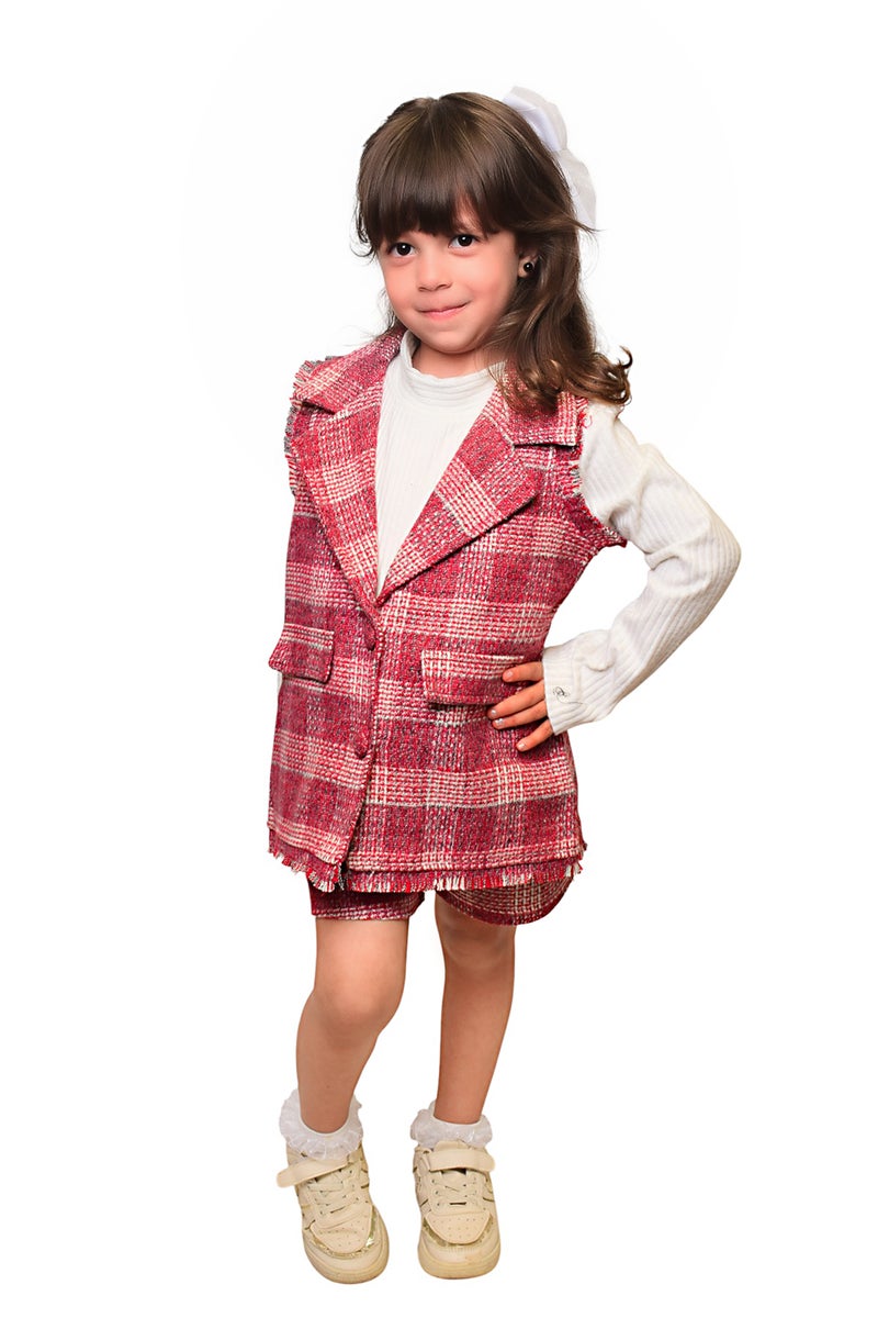 بونچو طقم شورت وبلوزة كاروهات بناتي مصنوع من مزيج فيلا والقطن باللون الأحمر. - Image 4