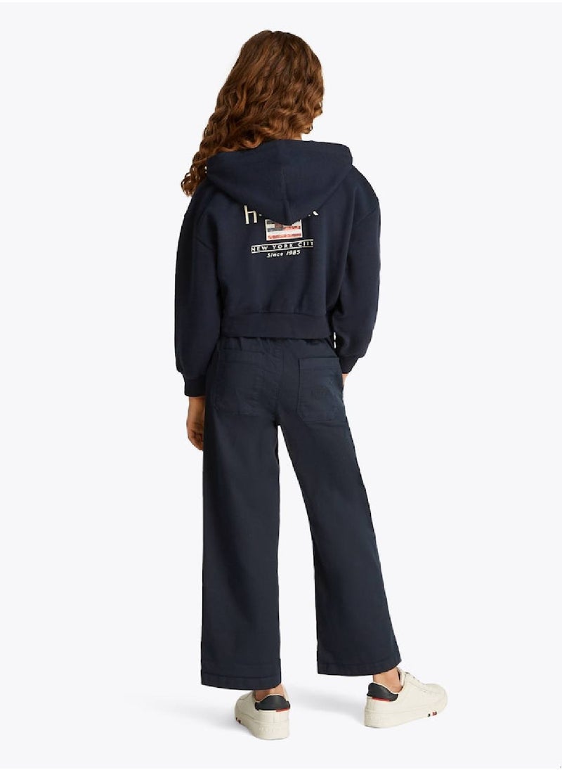 TOMMY HILFIGER - Girls' Wide Leg Trousers - Cotton Blend, Blue - Image 1