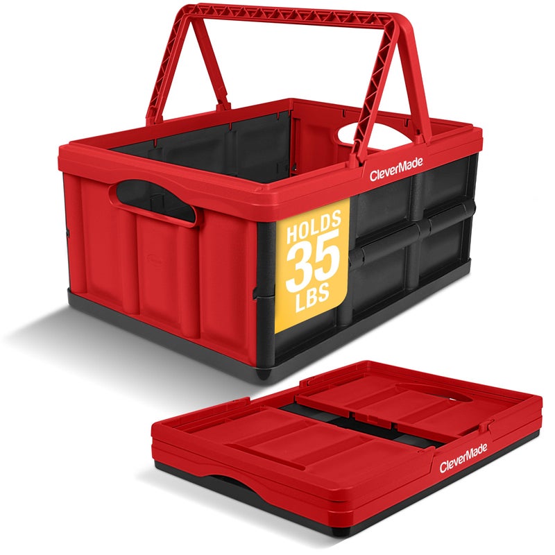 CleverMade Collapsible Shopping Basket 32L â€“ Folding Grocery Basket with Handles, Stackable Reusable Storage Crate with 35 lb Capacity, Recycled Plastic, Car Trunk Organizer - Red - Image 1