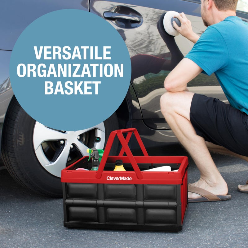 CleverMade Collapsible Shopping Basket 32L â€“ Folding Grocery Basket with Handles, Stackable Reusable Storage Crate with 35 lb Capacity, Recycled Plastic, Car Trunk Organizer - Red - Image 5