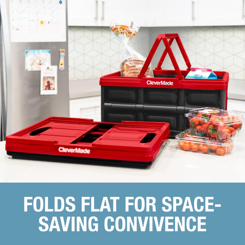 CleverMade Collapsible Shopping Basket 32L â€“ Folding Grocery Basket with Handles, Stackable Reusable Storage Crate with 35 lb Capacity, Recycled Plastic, Car Trunk Organizer - Red - Image 3
