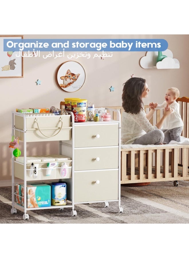 LBMT منظمات وتخزين حفاضات الأطفال 2 في 1، عربة متدحرجة 3 طبقات مع فواصل وأدراج،سهلة التجميع، عربة أدوات متنقلة، منظم ملابس ملابس الأطفال لتغيير الطاولة، حضانة سرير الأطفال، غرفة النوم (أبيض) - Image 2