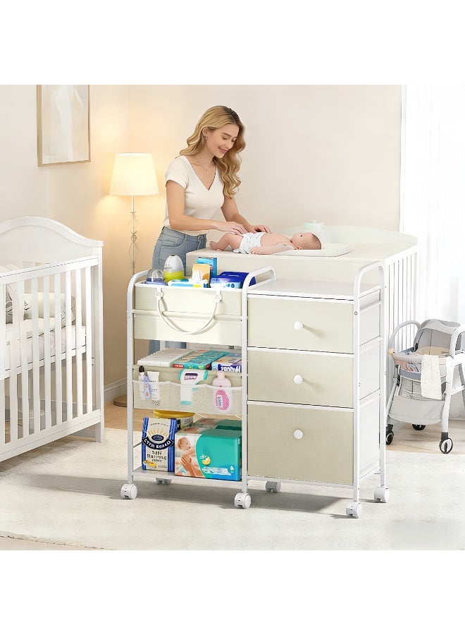 LBMT منظمات وتخزين حفاضات الأطفال 2 في 1، عربة متدحرجة 3 طبقات مع فواصل وأدراج،سهلة التجميع، عربة أدوات متنقلة، منظم ملابس ملابس الأطفال لتغيير الطاولة، حضانة سرير الأطفال، غرفة النوم (أبيض) - Image 3