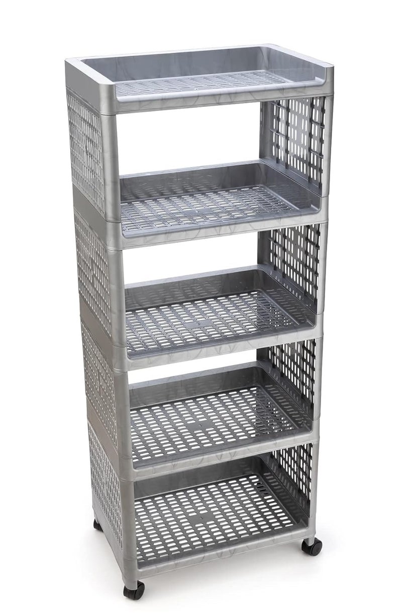 Morbrix Multipurpose Storage Organizer Rack For Home Kitchen Bathroom Rack For Storage Utility RackTrolley With Wheels 5 Layer Silver Plastic