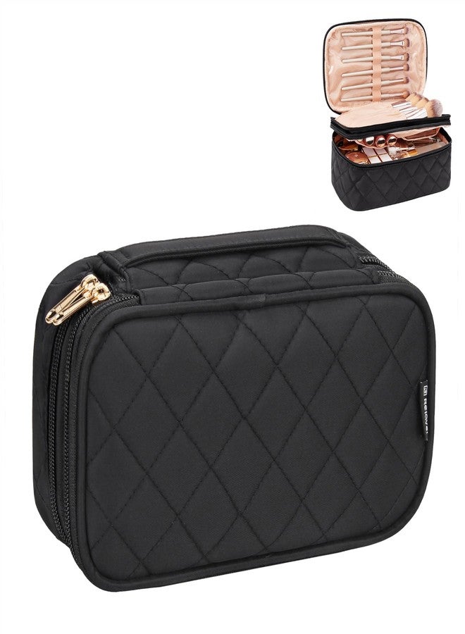 Relavel Makeup Bag, Small Makeup Bag for Women, Travel Cosmetic Bag, 2 Layers Waterproof Makeup Organizer Storage with Makeup Brush Holder, Black - Image 1