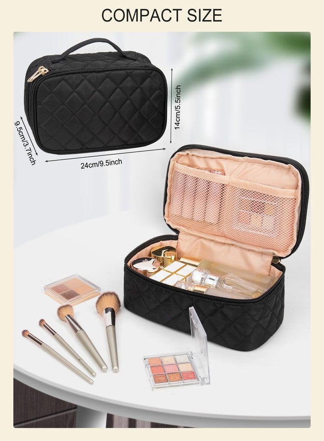 Relavel Makeup Bag, Small Makeup Bag for Women, Travel Cosmetic Bag, 2 Layers Waterproof Makeup Organizer Storage with Makeup Brush Holder, Black - Image 2