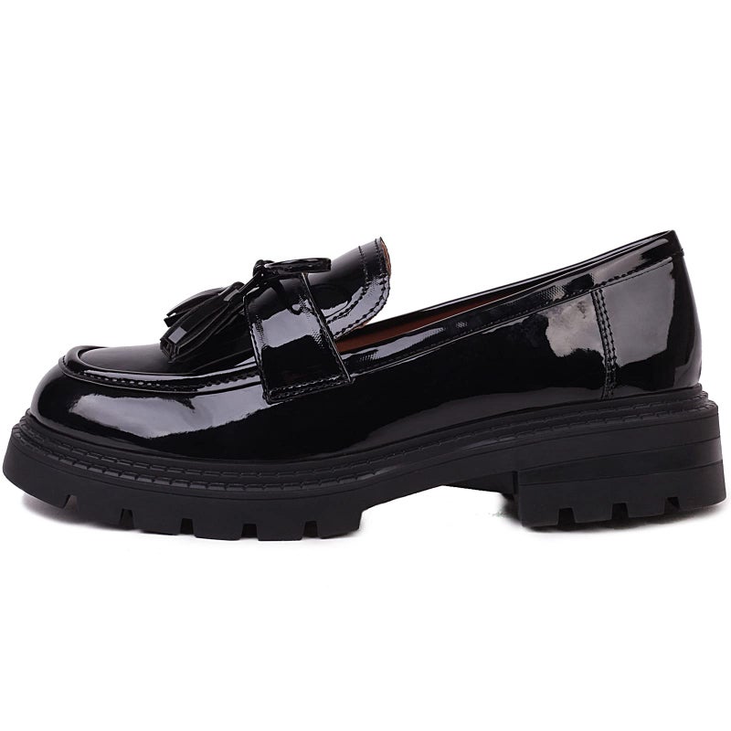 Masika British Style Women's Fashion Loafers, Patent Leather Tassel Loafers, Black Thick-Soled Loafers, Slip-on Thick-Soled Loafers, Simple Casual Flat Shoes, Plus Size Shoes., Black, 6 UK - Image 3