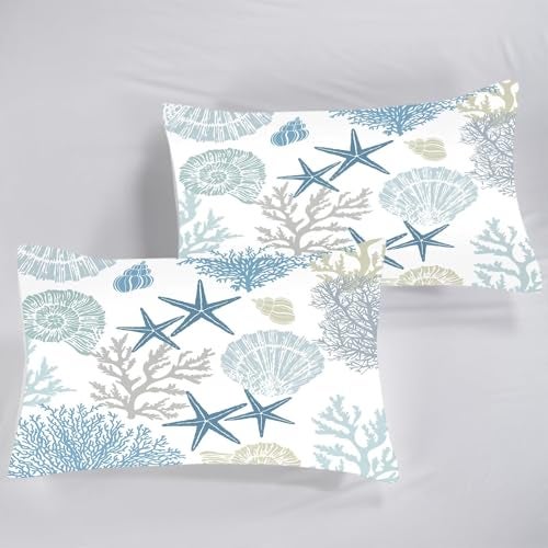 FUYEUN Coastal Theme Comforter Set for Kids Teens Men Women, King Size Nautical Bedding Sets Shell Starfish Coral Cute Quilt Bedroom Decor 1 Comforter 2 Pillowcases - Image 4