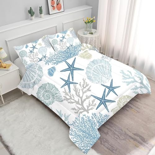FUYEUN Coastal Theme Comforter Set for Kids Teens Men Women, King Size Nautical Bedding Sets Shell Starfish Coral Cute Quilt Bedroom Decor 1 Comforter 2 Pillowcases - Image 2
