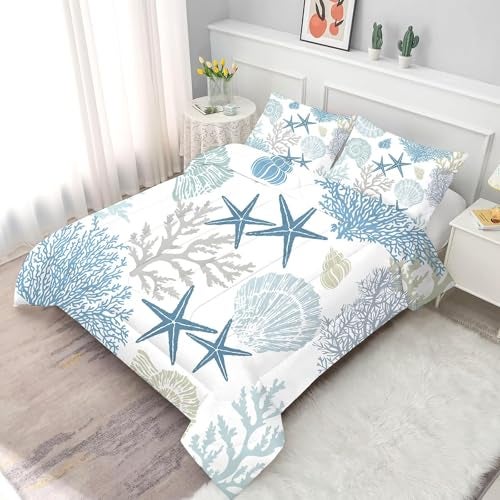 FUYEUN Coastal Theme Comforter Set for Kids Teens Men Women, King Size Nautical Bedding Sets Shell Starfish Coral Cute Quilt Bedroom Decor 1 Comforter 2 Pillowcases - Image 3