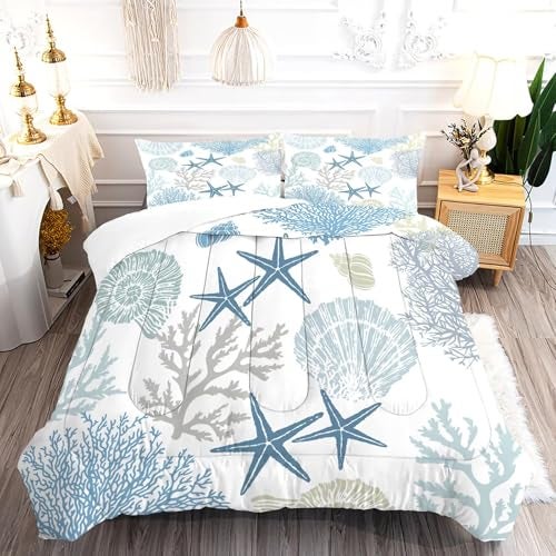 FUYEUN Coastal Theme Comforter Set for Kids Teens Men Women, King Size Nautical Bedding Sets Shell Starfish Coral Cute Quilt Bedroom Decor 1 Comforter 2 Pillowcases - Image 1