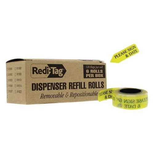 Redi-Tag 91032 Arrow Message Page Flag Refills, "Please Sign & Date", Yellow, 120 per Roll (Box of 6 Rolls) - Image 1