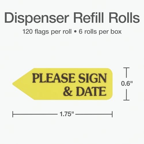 Redi-Tag 91032 Arrow Message Page Flag Refills, "Please Sign & Date", Yellow, 120 per Roll (Box of 6 Rolls) - Image 2