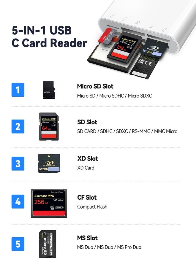 xdgeLoad USB C SD Card Reader for iPhone 15 iPad Mac, Type C Memory Card Adapter with 5 Slots Supports SD MicroSD CF XD MS Compatible with MacBook Air/Pro Samsung Galaxy S10/S9 and More Plug and Play - Image 2