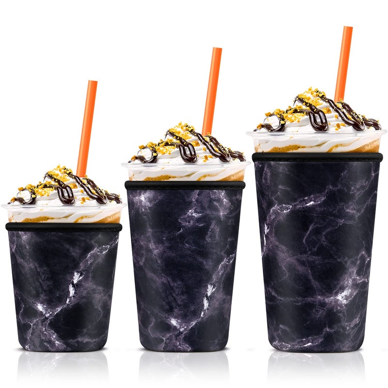 KPX Iced Coffee Cup Sleeve for Large Sized Cups Reusable Neoprene Iced Coffee Cup Holder for Hot Cold Drinks Compatible with Starbucks Dunkin Donuts and More Black Marble 