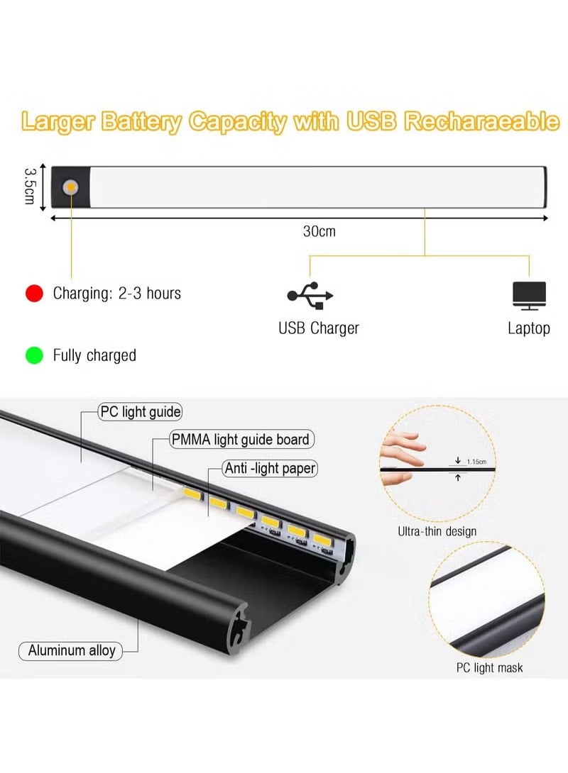 مصابيح خزانة مزودة بحساس حركة، إضاءة ليلية LED قابلة لإعادة الشحن بثلاثة ألوان مع خاصية التعتيم/ إضاءة خزانة مغناطيسية/ إضاءة لاسلكية للمطبخ والسلالم وخزانة الملابس وإضاءة الدراسة (أسود) 300 مم - Image 2