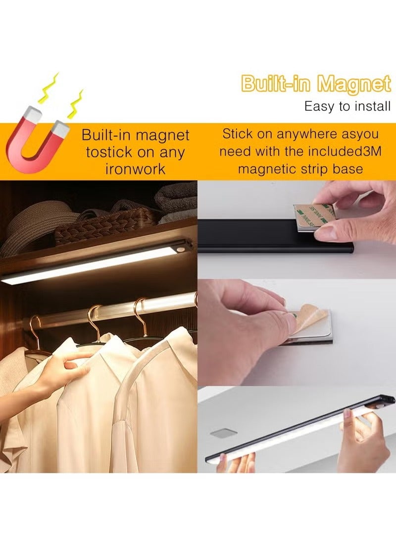 مصابيح خزانة مزودة بحساس حركة، إضاءة ليلية LED قابلة لإعادة الشحن بثلاثة ألوان مع خاصية التعتيم/ إضاءة خزانة مغناطيسية/ إضاءة لاسلكية للمطبخ والسلالم وخزانة الملابس وإضاءة الدراسة (أسود) 300 مم - Image 5