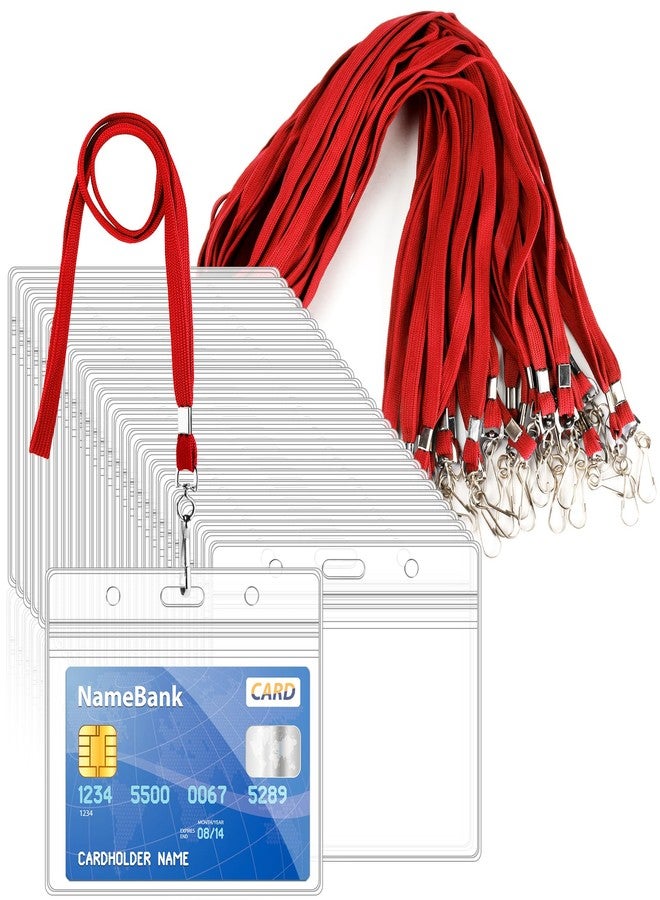 Maileto 30Pcs Clear Plastic Horizontal Name Tags Badge ID Card Holders and 30Pcs Red Flat Neck Lanyards with Swivel Hook - Image 1