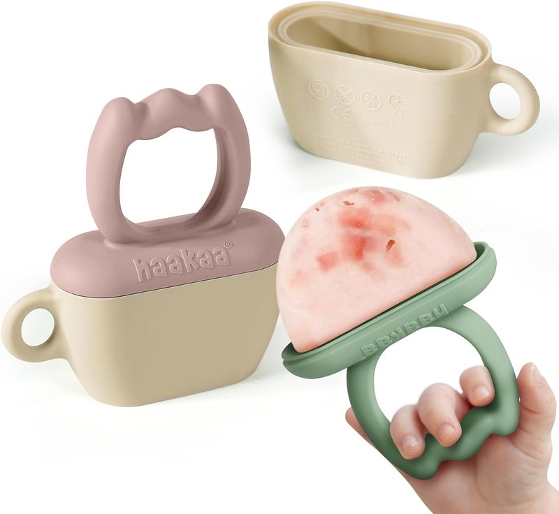 haakaa Chilly Monster Ice Pop Mould, Breastmilk Popsicle Mold for Baby Teething Relief, BPA Free Easy Release Ice Cream Molds, Frozen Breast Milk Teether for Infant 6 Months+ (Blush + Pea Green) - Image 1