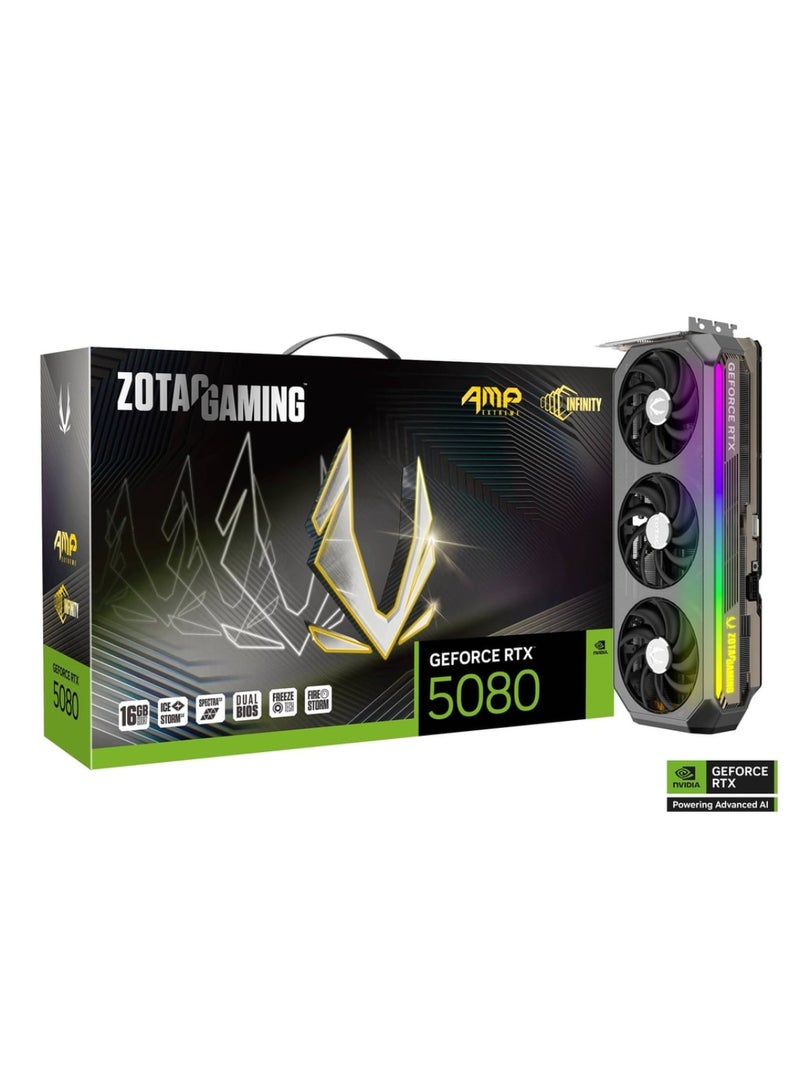 ZOTAC GAMING GeForce RTX 5080 AMP Extreme INFINITY Graphics Card, 16GB GDDR7, NVIDIA Blackwell Architecture, DLSS 4, 10,752 CUDA Cores, 2670 MHz Engine Clock, 30 Gbps Memory, PCIe 5.0, IceStorm 3.0 Cooling, Infinity Mirror Design, SPECTRA 2.0 RGB, Metal Backplate, Freeze Fan Stop, Dual BIOS | ZT-B50800B-10P Black - Image 1