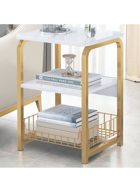 Coffee Table Sofa Side Table Bedside Table with Storage Basket  Suitable for Living Room Bedroom Office Balcony  White  Easy to Assemble 3 Layers
