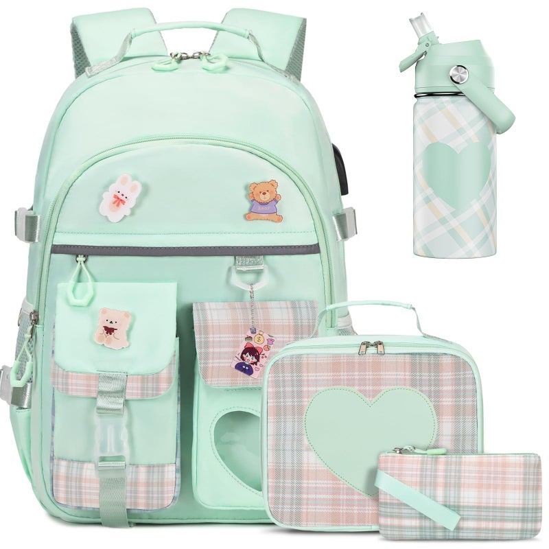 ACESAK Backpack for Girls with Insulated Water Bottle Bookbag Backpack for Girls Kids 14oz Kids Water Bottle Stainless Steel Lunch Bag Pencial Case Back To School Gift Green - Image 2