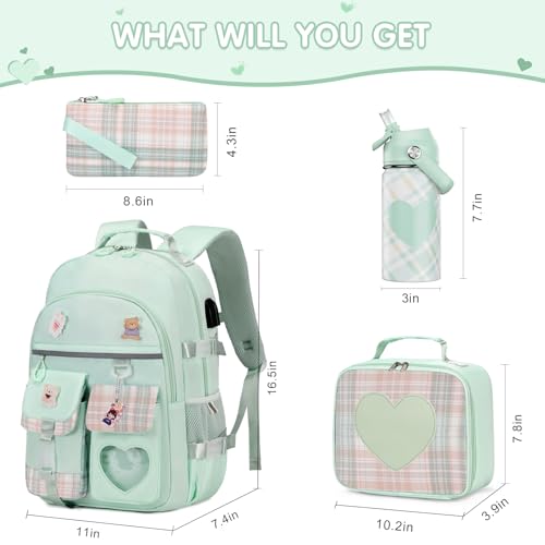 ACESAK Backpack for Girls with Insulated Water Bottle Bookbag Backpack for Girls Kids 14oz Kids Water Bottle Stainless Steel Lunch Bag Pencial Case Back To School Gift Green - Image 3