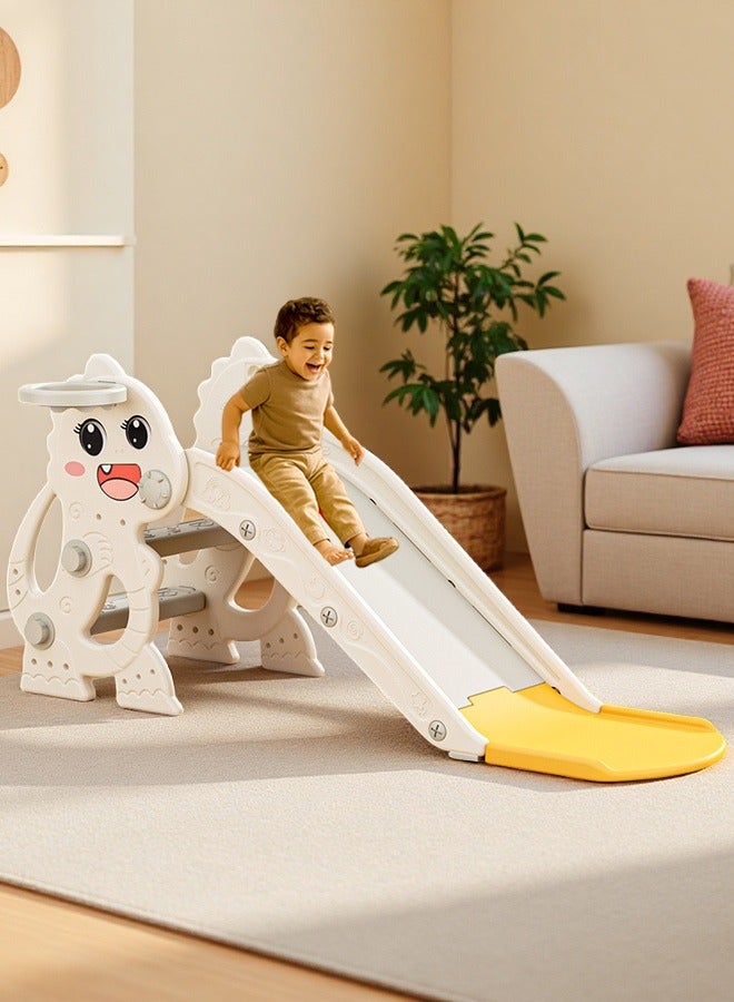 Bolivia's Toddler slide with basketball and basketball hoop, white dinosaur appearance, easy to install, foldable, non-slip design, suitable for indoor and outdoor use - Image 1