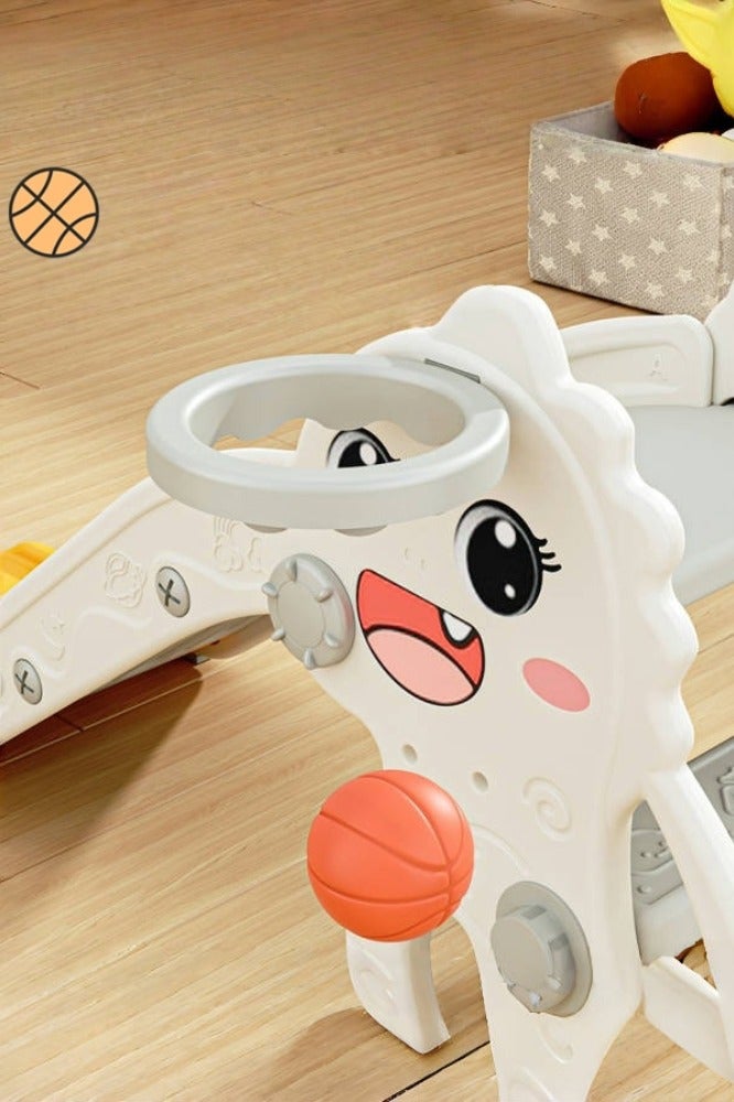 Bolivia's Toddler slide with basketball and basketball hoop, white dinosaur appearance, easy to install, foldable, non-slip design, suitable for indoor and outdoor use - Image 2