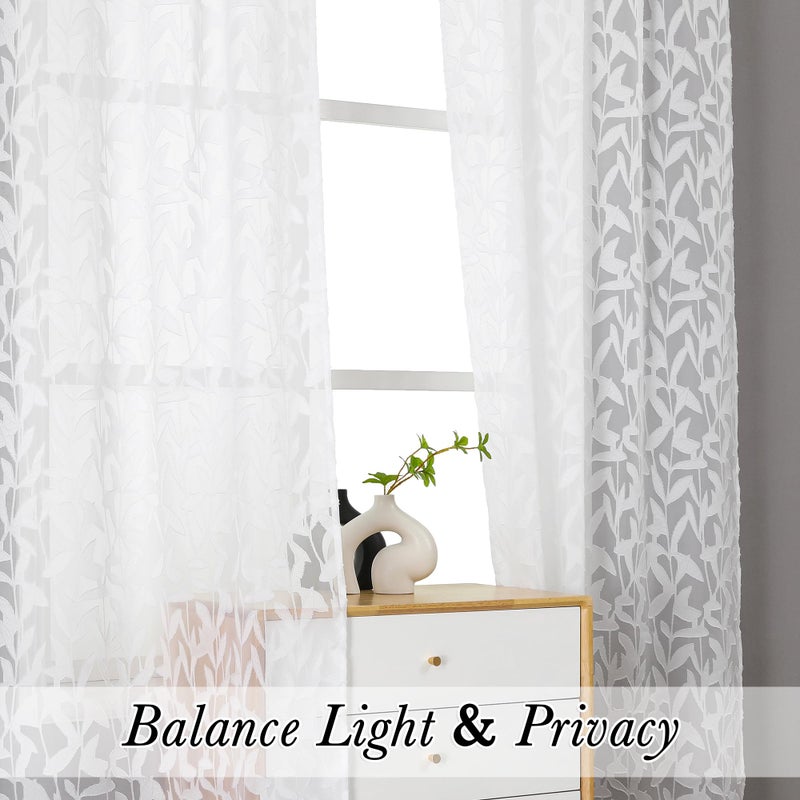 Lecloud Leia 2 Panels Sheer White Curtains 63 Inch Length for Kitchen, Privacy Protections Bedroom Curtain & Drapes Rod Pockets Top, Jacquard Clip Farmhouse Leaves Voile Living Room Panels, 38x63 Inch - Image 3