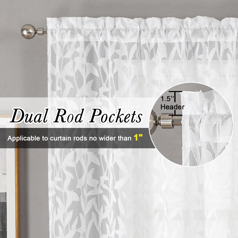 Lecloud Leia 2 Panels Sheer White Curtains 63 Inch Length for Kitchen, Privacy Protections Bedroom Curtain & Drapes Rod Pockets Top, Jacquard Clip Farmhouse Leaves Voile Living Room Panels, 38x63 Inch - Image 2