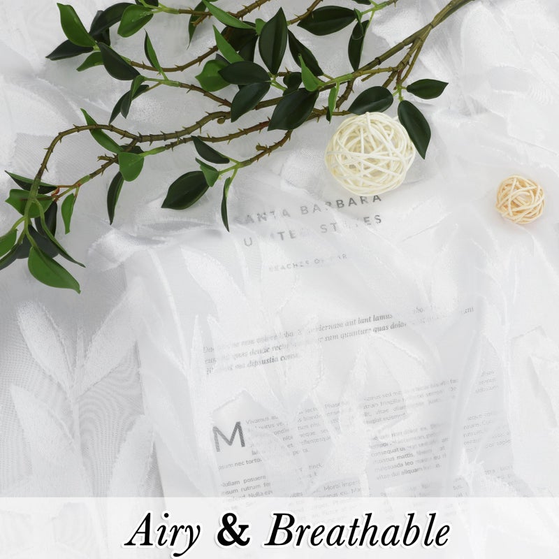 Lecloud Leia 2 Panels Sheer White Curtains 63 Inch Length for Kitchen, Privacy Protections Bedroom Curtain & Drapes Rod Pockets Top, Jacquard Clip Farmhouse Leaves Voile Living Room Panels, 38x63 Inch - Image 4