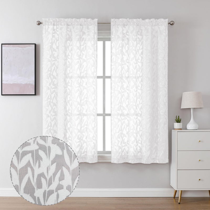 Lecloud Leia 2 Panels Sheer White Curtains 63 Inch Length for Kitchen, Privacy Protections Bedroom Curtain & Drapes Rod Pockets Top, Jacquard Clip Farmhouse Leaves Voile Living Room Panels, 38x63 Inch - Image 1
