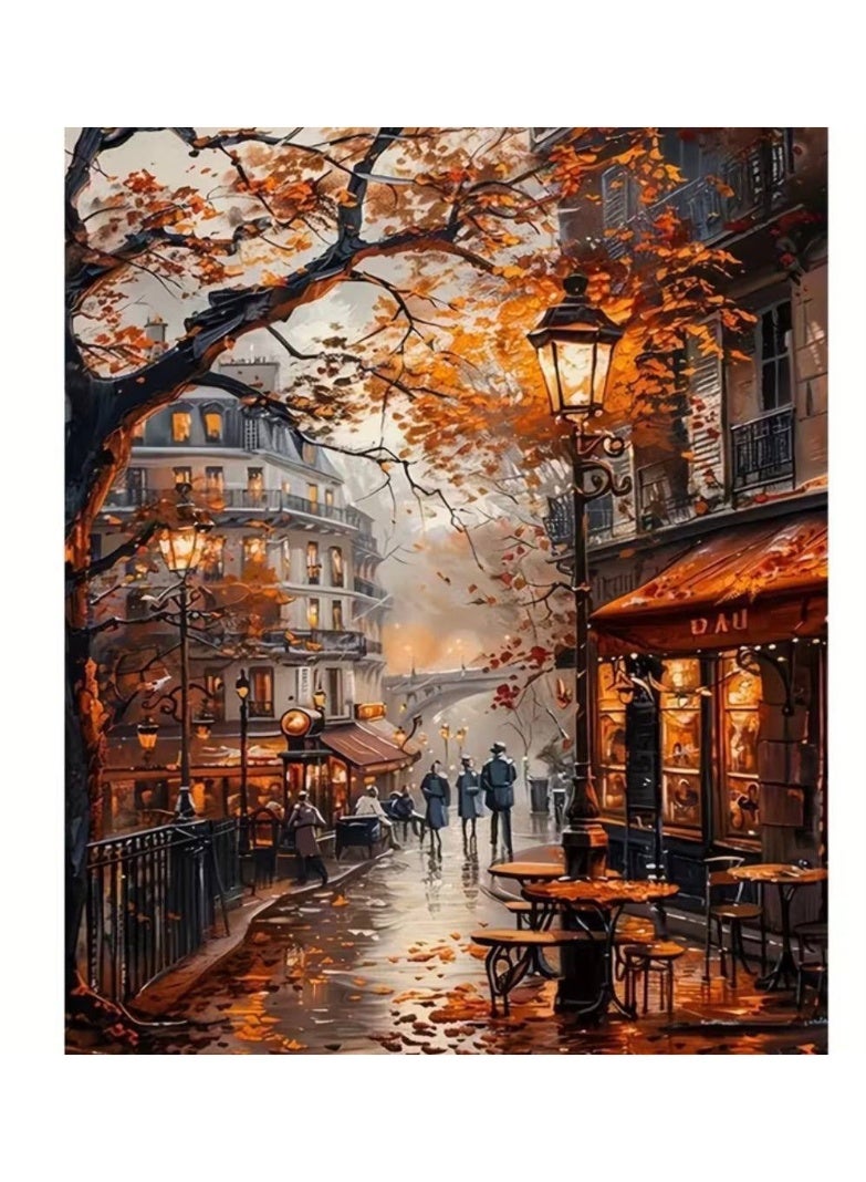 Paint by Numbers Kit – Charming European Autumn Street with Cozy Cafés, Classic Buildings, Orange Trees and Warm Street Lights – Complete DIY Painting Set with Numbered Paints and 3 Brushes