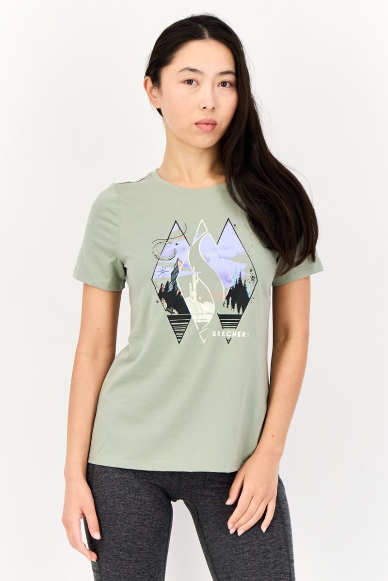 SKECHERS Women Sportswear Fit Short Sleeves Outdoor T-Shirt, Green - Image 1