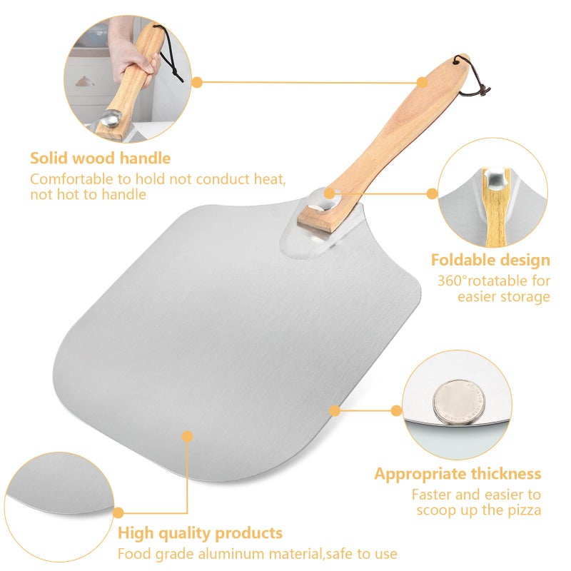 Luvan Aluminum Metal Pizza Peel with Foldable Wooden Handle,12x14 Inch Aluminum Pizza Peel,Pizza Paddle Foldable Pizza Peel Pizza Spatula Paddle Pizza Spatula for Oven,Baking Homemade Pizza Bread - Image 3