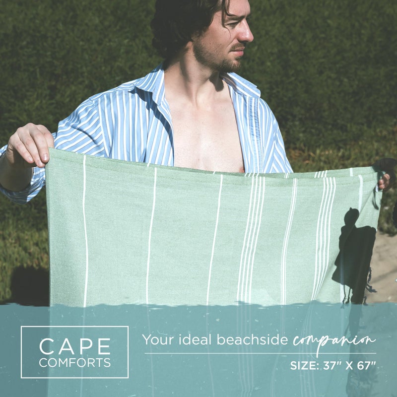 Cape Comforts Large Turkish Beach Towel, Classic Sage - Super Soft & Lightweight Quick Dry Absorbent Towels for Beach, Picnic Blanket or Bath Towel - Sand Free Organic Turkish Cotton Yarn - Image 2