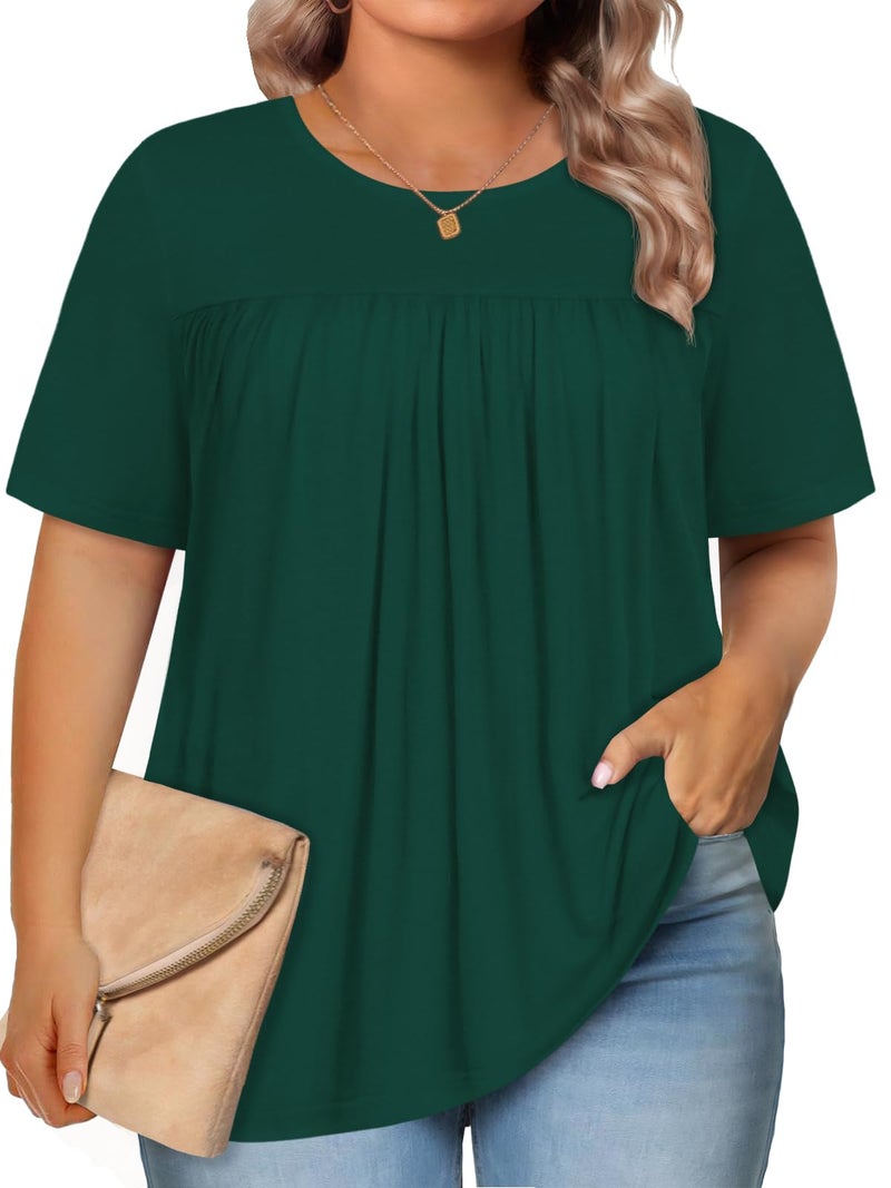 JOELLYUS Womens Plus Size Tops Short Sleeve Summer Tunic Casual Loose Fit Crewneck Shirts Blouse (Green, 2XL) - Image 1